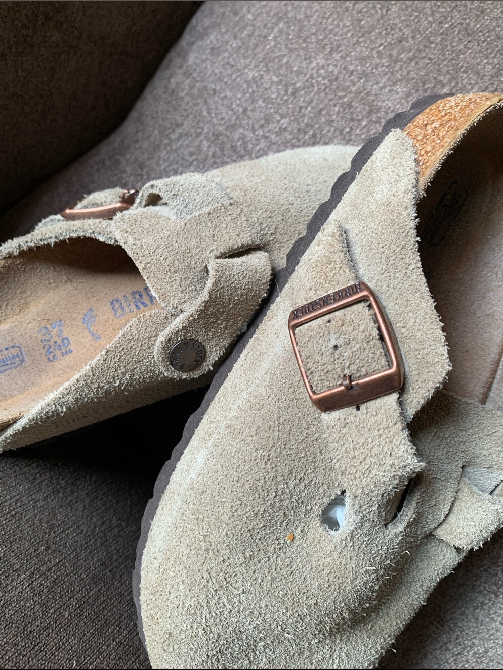 Birkenstock Beige Suede Clog with Copper Buckle